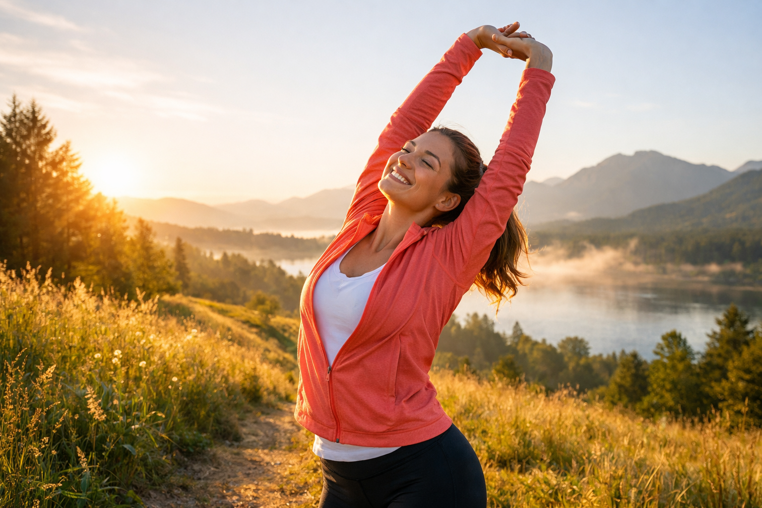 Energetic person stretching outdoors in morning sunlight with natural landscape, fresh air, active lifestyle, wellness concept