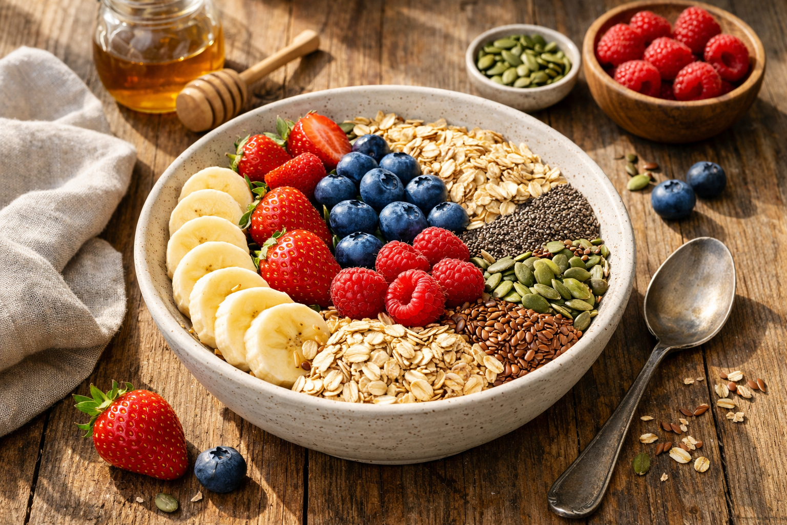 Healthy breakfast bowl with fresh berries, oats, seeds on wooden table in natural daylight, nutritious morning meal, wellness food